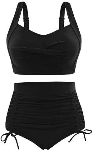 UMIPUBO Maillot de Bain Femme 2 Pieces Bikini Set Gainant Ventre Plat Push Up Taille Haute Culotte Grande Taille Ajustable Plage Bikinis(Noir,XL)