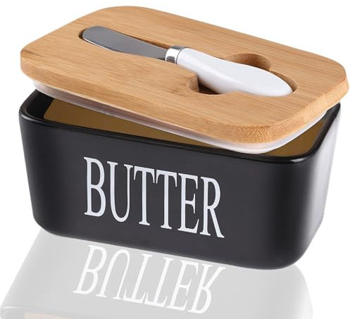 Porcelain Butter Dishes Ceramic, Metal Butter Dish with Multi-Functional Knife, Storage Butter Dish with Lid 17.1✖11✖7.5cm 650ml Capacity (Black)