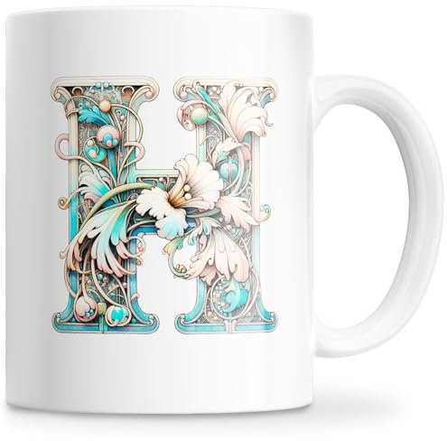 Taza Personalizada con Letra Inicial del Nombre - Taza Cerámica 350ML con Motivo Floral, Regalos Originales para Mujeres, Mamá, Amigos - Apta para Lavavajillas y Microondas (H)