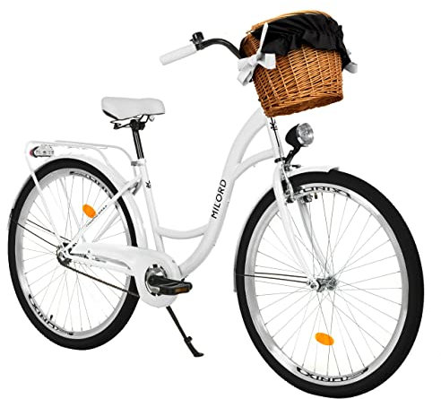 MILORD Damenfahrrad Citybike Komfort Mit Weidenkorb Vintage Fahrrad, 26, 28 Zoll, 1-Gang (Weiss, 28 Zoll)
