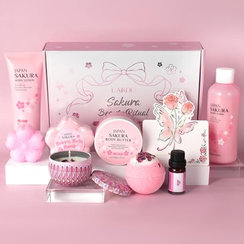 LAIKOU Set de Douche Coffret Cadeau Femme, 9 pièces Coffret de Bain, avec Gel Douche, Lotion pour le Corps, Bombes de Bain, Beurre Corporel, Savon, Bougies d'aromathérapie