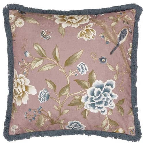 Sanderson Porcelain Garden Feather Filled Cushion – Chenille Peony Bird Decorative Accent Pillow with Cotton Fringe (Blush - 50x50cm)