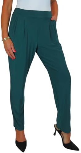 Women's Smart Work Trousers Ladies Soft Stretch Elasticated Waist Lightweight Pull On Trouser High Waist Bottle Green 10-20 (14)