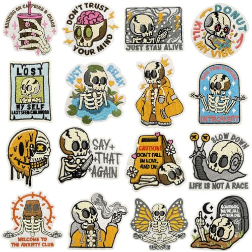 16 PCS Cartoon Skeleton Iron On Patches Funny Cartoon Skeleto Embroidered Applique Iron on/Sew on Patches for Backpacks Pants Coat Uniforms Clothes Jeans Hat Bags Jackets Vests