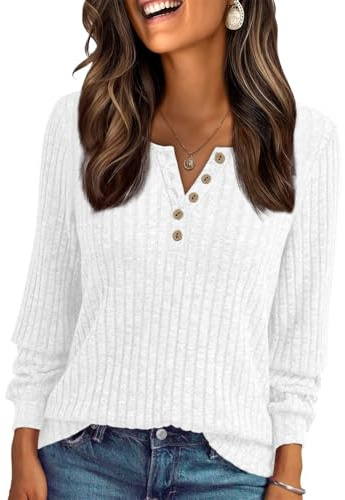 AirMood Women Dressy Casual Long Sleeve Ribbed Tshirts Tunic Tops Loose Fit Sweatshirts Shirts (White,XL)