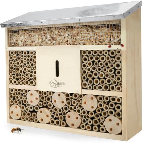 WILDLIFE HOME Bienenhotel Insektenhotel mit Metalldach I Unbehandelt, Bienenhaus aus Massiv-Holz für Bienen, Marienkäfer & Florfliegen, Insektenhaus I Nisthilfe Insektenhotel zum Aufhängen