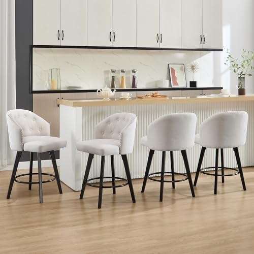 Relbiety Lot de 4 Tabourets de Bar Lin Beige,Chaise Haute Cuisine Rotatifs à 360° Chaises de Bar Modernes Pieds en Bois Massif pour Bar,Cuisine,Comptoir