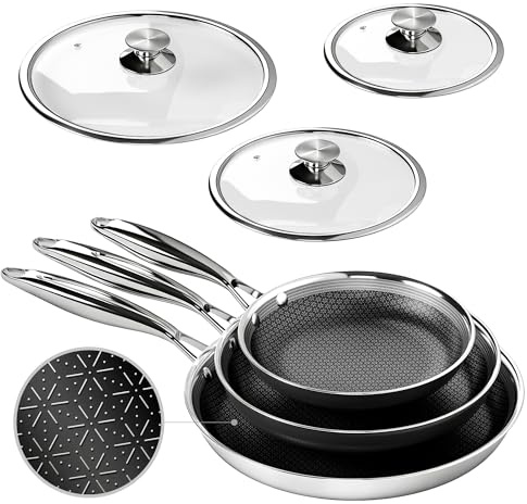 Kitchen Academy Lot de 6 Poêles Antiadhésives en Acier Inoxydable à Induction Poêle avec Couvercle en Verre 20,26 et 30 cm Poêle à Crêpe sans Revêtement Anti-adhésive pour Tous Feux Set de Poêles 6PCS