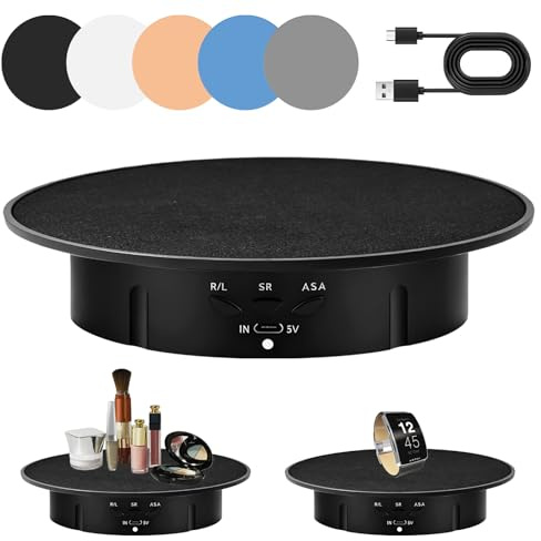 Piatto girevole elettrico per fotografia, 90/180 gradi, supporto girevole motorizzato con 5 sfondi, piatto girevole da 20 cm, supporto da tavolo 8 kg per video dal vivo, digitale, orologi (nero)