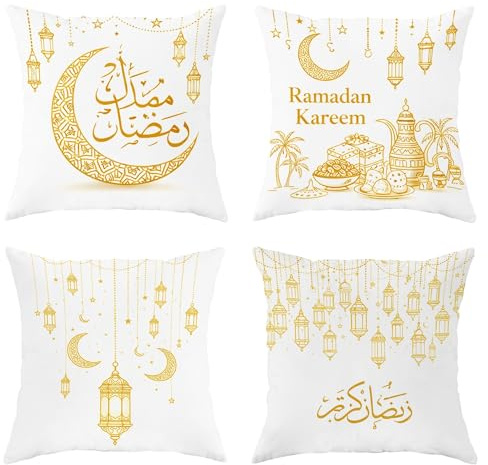 Halbmond-Kissenbezüge, 4er-Set, festliche traditionelle Laterne, Stern, Ramadan, goldfarben, mit verstecktem Reißverschluss, dekorative Kissenbezüge für Wohnzimmer, Schlafzimmer, Loft, Büro