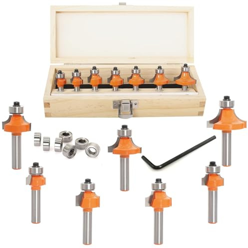 Jeu de 7 Fraises à Arrondir Quart-de-Rond pour Défonceuse – Queue 8 mm, Rayons 2/3/4/5/6/8/10 mm, Roulements Interchangeables 9,5 & 12,7 mm, Fraises Carbure pour Bois MDF Contreplaqué