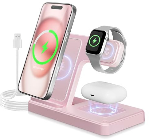 3 in 1 Wireless Charging Station for iphone Fast Wireless Charger Stand for Apple Watch, for Airpods Pro 4 3 2, for iphone 17/16/15/14/13/12/11/8/XS/XR/X/SE(No Plug Included) (Pink)