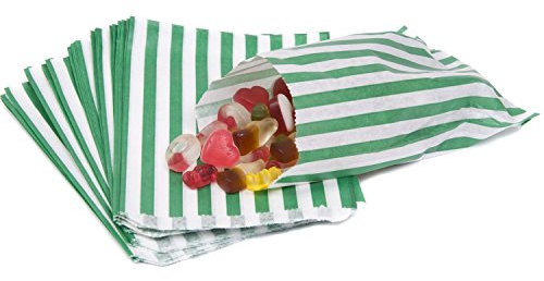 100 - Striped Candy Paper Bags for Sweet Flavor Buffet Wedding Cake Gift Shop (5'' X 7'') (Green, Qty: 100 Bags)