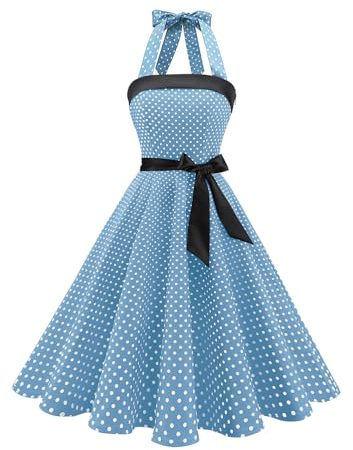 Timormode Womens Halter 1950s Dress Tea Party Swing Cocktail Dresses | Polka Dot and Solid Color Styles, Audrey Hepburn Dresses, A-Line Retro Cocktail Dress, Tea Party and Wedding Guest Occasions