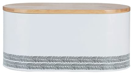 Typhoon Monochrome Bread Bin | Hardwearing Carbon Steel with Bamboo Lid | Keeps Bread Fresher For Longer | White and Black, 340mm x 180mm x 150mm