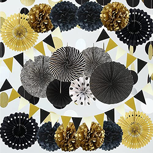 Cojoy Schwarz und Gold Party dekorations set, 21 pcs hängende Papierfächer, pompons Blumen, Papier Wimpel und Polka Dot Girlande für Hochzeit geburtstags Babyparty Weihnacht Party dekorationen