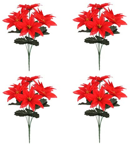 Mokyler 4 Stück Künstliche Blumenzweige, rote Weihnachtssterne, künstliche Weihnachtssterne, Ornamente, Blumenarrangement, Füllstoff für Party, Büro, Urlaub, Dekoration, 37 cm