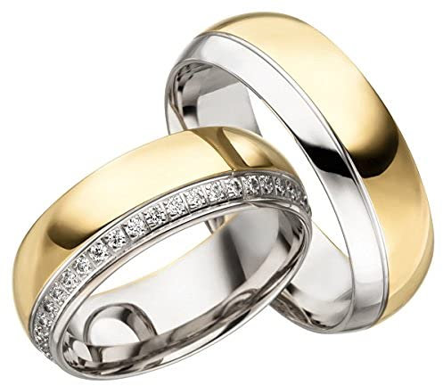 JC Trauringe Silber 925 Paarpreis Bicolor teilweise Gold Plattiert I Eheringe 7 mm breit I Partnerringe mit Gravur in edler Schatulle I 2 Hochzeitsringe Herrenring ohne & Damenring mit Steinen I JC013