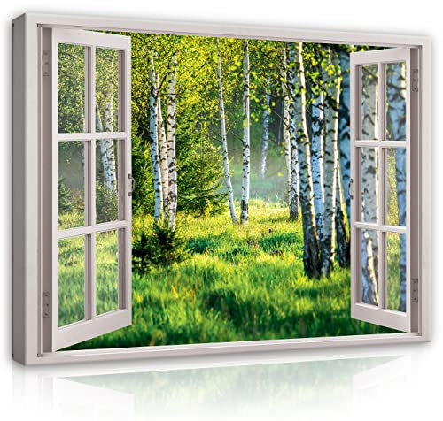 Leinwand Bilder Fensterbilck Wald Birkenwald Natur Landschaft Modern Canvas Leinwandbild Fenster Küche Wohnzimmer Wandbild Kunstdruck Wandbilder Wand Bild auf Leinwand Aufhängefertig (120x80 cm)