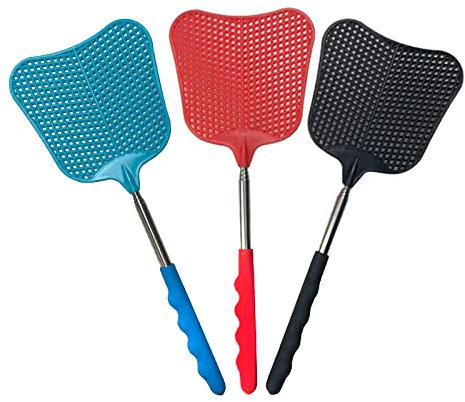 Usmlicer 3 Piezas Matamoscas de Plástico Extensible, Matamoscas de Plástico Manual, Matamoscas Acero Inoxidable Duradero para Controlar Moscas, Mosquitos, Plagas (Negro, Rojo, Azul)