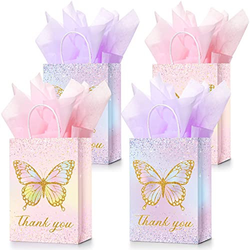 16 Set Schmetterlings-Party-Geschenktüten mit Seidenpapier, rosa lila Blumen, Süßigkeitentüten, kleine florale Papiertüten mit Griffen für Kinder, Schmetterling, Geburtstagsparty (Glitzer-Stil)