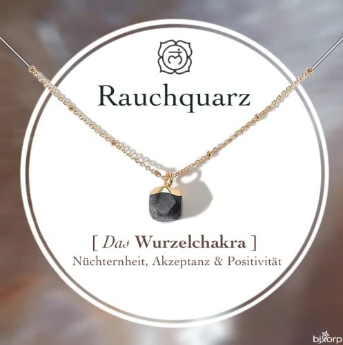 Bixorp Rauchquarz Chakra Halskette – Handgefertigter Rauchquarz Anhänger – Vergoldete Edelstahlkette auf Geschenkkarte mit Geschenkumschlag – (36 cm + 8 cm verstellbar)