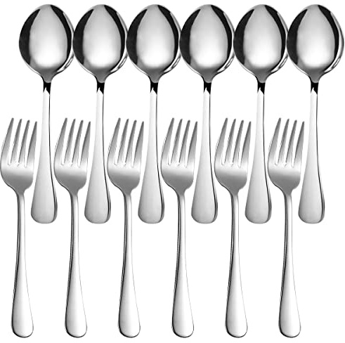 Serving Spoon and Fork Set,Stainless Steel Large Service Cutlery for Salad Servers and Long Table Soup Spoons,Pack of 12
