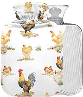 Wärmflasche mit Bezug für Hühner, Hahn, BAP-frei, 2 l, großer warmer Wasserbeutel zur Schmerzlinderung, Kinder, Männer, Frauen