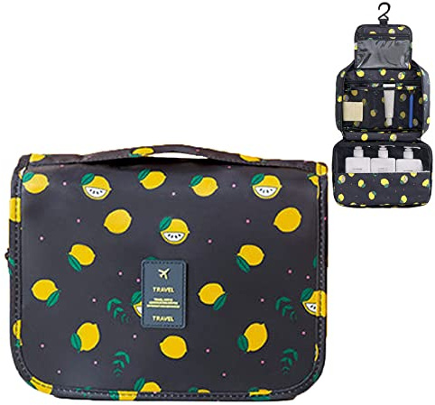 INVODA Beauty case multifunzione per cosmetici, portatile, impermeabile, da viaggio, da appendere, per donne e ragazze (limone, nero), Limone, nero, Borsa cosmetica da appendere