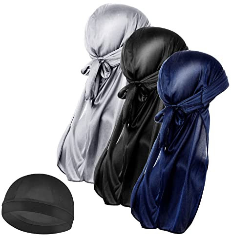 Molain Herren 3 Stück Seidenwellen Kappe und 1 Stück seidige Durag Kappen mit langem Schwanz elastische Durags weich atmungsaktiv seidig gewellt perfekt für 360/720 Wellen Schwarz Silber Marineblau
