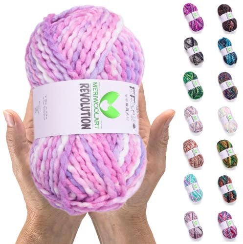 MeriWoolArt Merino Wolle zum Stricken – 75 m Mehrfarbige Dicke Weiche Merinowolle zum Stricken für Pullover Jacken – XXL Handstrickwolle – Voluminöse DIY Wolle für Schals Decken Tücher Geschenke