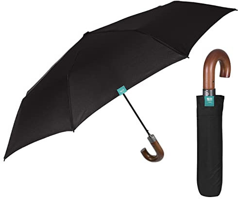 PERLETTI Paraguas Plegable Hombre Negro con Mango Curvado Madera - Paraguas Compacto Automático de Viaje Elegante - Sombrilla Lluvia Antiviento Resistente - Diámetro 104 cm (Negro Mango Curvado)