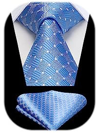 HISDERN Krawatten Hellblau Herren Formelle Klassische Krawatte mit Einstecktuch Hochzeit Karierte Herrenkrawatte und Taschentuch Set für Männer