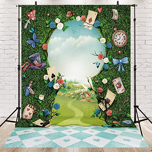 Newsely Wonderland Fotohintergrund für Teepartys, 6 x 8 cm, Fotografie, Schlüsselhalter, Schachbrett, grüner Graszaun, Dekorationen, Hintergrund für Neugeborene, Babyparty, Märchen, Märchen,