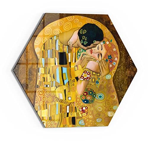 DEQORI Glasbild Echtglas | Motiv Der Kuss von Gustav Klimt | sechseckig einteilig 40x34,5 cm | schöne Dekoration | Wandbild für Wohnzimmer, Schlafzimmer, Flur & Küche | moderne Wanddeko