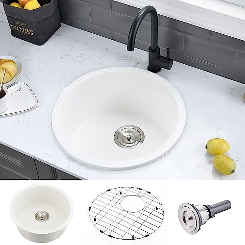 VASOYO Évier de cuisine encastré de 45,7 x 45,7 cm - Rond à quartz - Petit bar - Évier de préparation pour camping-car avec grille inférieure et filtre - Évier blanc et noir