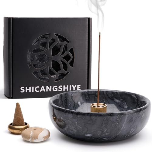 SHICANGSHIYE Incense Holder - Natural Marble Japanese Bowl Burner for Sticks, Ideal for Meditation and Yoga Enthusiasts, Easy to Clean (Black)