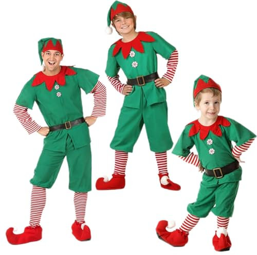 Fannyfuny Weihnachtselfen Kostüm für Damen, Kinder, Herren - Wichtel Elfenkostüm für Fasching, Karneval, Cosplay - Weihnachtsoutfit Familie Elfenkleidung