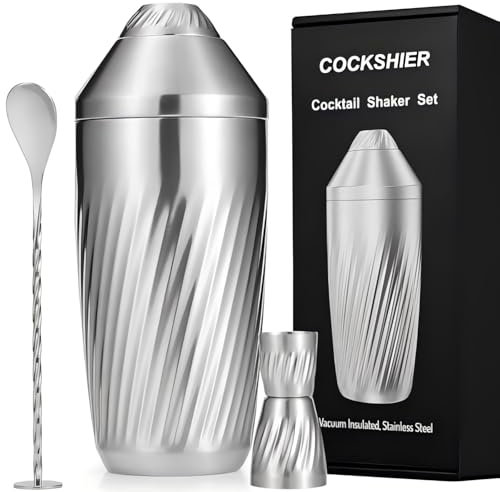 COCKSHIER Cocktail Shaker Set - Innovative Premium Vacuum Insulated Stainless Steel Drink Shaker Double Wall Margarita Mixer Jigger & Mixing Spoon Set - Martini Shaker for Home Bartender - 28oz