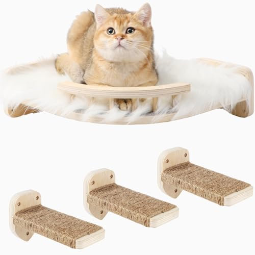 COOLEX Katzenwandregale, Katzenregale und Sitzstangen für Wand, Katzenwandmöbel, Eck-Katzenregal mit 3 Stufen Kratzbaum, Katzenbett Hängematte mit Plüsch bezogen, Kletterregal für Indoor-Katzen(Holz)