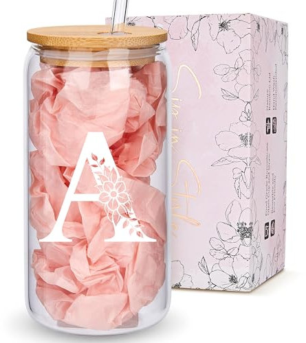 Personalized Gifts for Women, Monogrammed Glass Cups with Lids and Straws, Custom Tumbler, Cute Customized Mug, Aesthetic Stuff, Initial Iced Coffee Cup, Drinking Glasses, Birthday Teacher Gifts, A