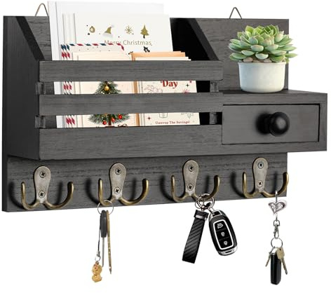 HOMEBROS Key Holder Wall Mount, Wooden Adhesive Mail and Key Organizer with Drawer, Small Shelf, 8 Hooks, 2 Installation Methods, Black