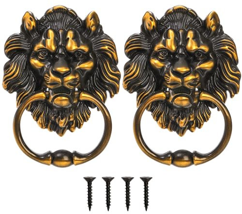 YOUEON Türklopfer mit Löwenkopf, 15,2 cm, dekorativer Tür- und Torklopfer mit Befestigungsschrauben, antikes Messing, Türklopfer für Haustür, Schrank, 2 Stück