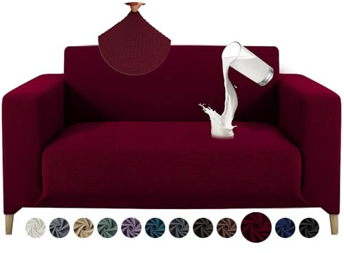 Alishomtll Sofa Überzug 2 Sitzer Stretch Sofabezug Universal Wasserabweisend Couch Überzug Sofaüberwürfe Elastische Jacquard Couchbezug rutschfest Sofaschoner für Hunde Katzen (140-185cm, Bordeaux)
