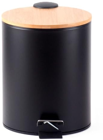 HOMION 5L Litre Round Pedal Bin Stainless Steel Toilet Bath Bathroom Kitchen Bin with Inner Bucket 5 Liter (Black with Bamboo LID)