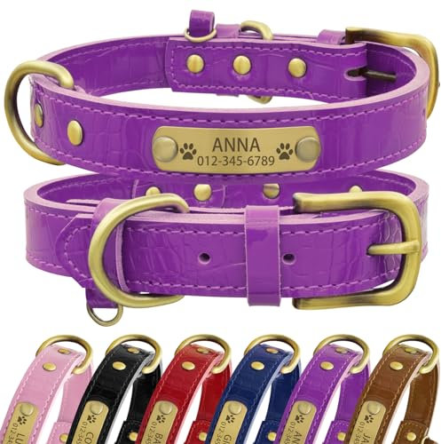 Senristar Personalisierte Hundehalsband aus Echtem Leder mit Eingraviertem Namensschild - Langlebiges und Stilvolles Hundehalsband für Kleine, Mittlere und Große Hunde (M, Violett)