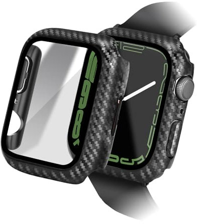 MINUUISCT 1 Confezione Custodia Rigida per PC per Apple Watch Serie 7/8/9 45mm, con Proteggi Schermo in Vetro Temperato, Cover Protettiva Completa per Accessori iWatch, Fibra di Carbonio, Nero