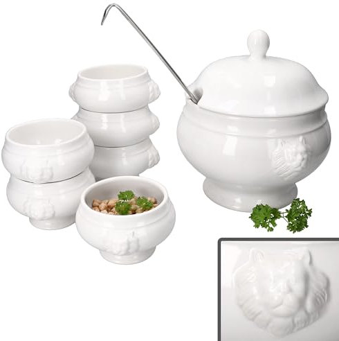MamboCat Leo Lot de 7 bols à soupe en forme de tête de lion avec ou sans couvercle I 6 x 0,25 l et 1 x 2 l I Bol à soupe blanc avec têtes de lion pour soupe et ragoûts