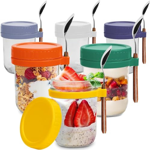 EHWINE 6 Pack Overnight Oats Jars with Lids and Spoons, 450ml Glass Bottles Containers Large Capacity For Yoghurt Airtight for Milk Cereal Storage Jars with Lids for Oatmeal Containers