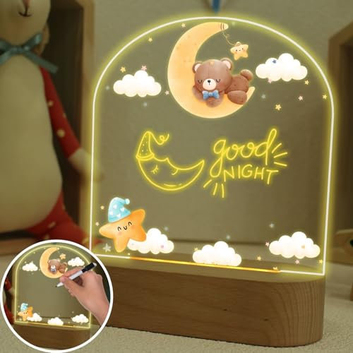 uniqicon Stilllicht Baby, Nachtlicht Personalisiert, Nachtlampe Kinderzimmer, Nachtlicht Mit Süßem Bärenmuster für Kinder, Led-Holzsockel Mit Warmem Licht, Nachtlicht Zum Stillen Und Wickeln